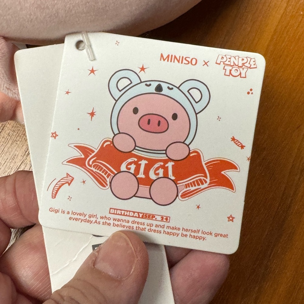 Miniso Life Plush Pig Gigi in Blue Bear Hoodie Pink & Light Blue Stuffed Animal - Picture 6 of 7
